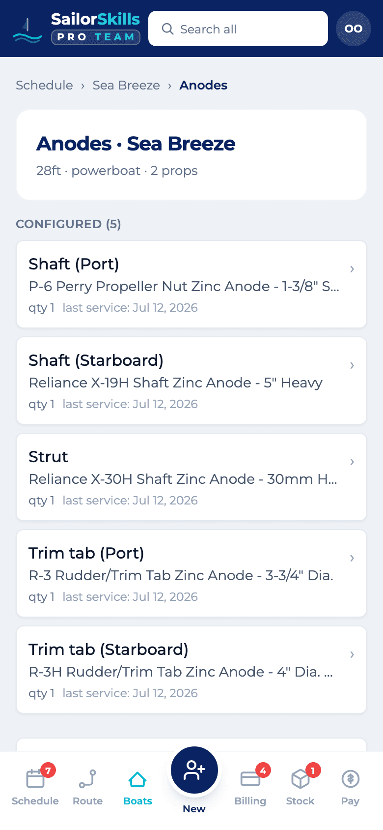 A boat's anode manifest listing each anode with its location, position, and replacement interval