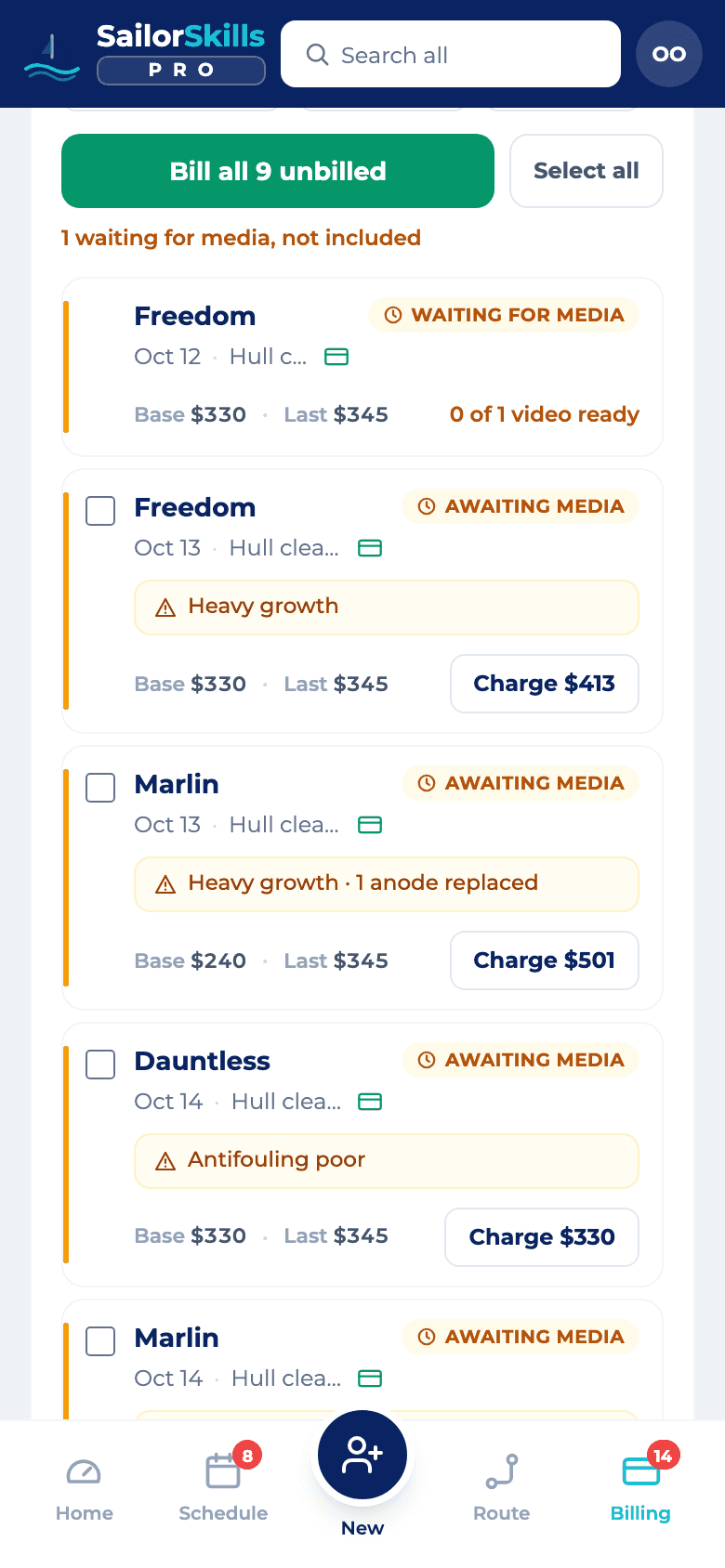 The billing ledger with amounts ready to charge