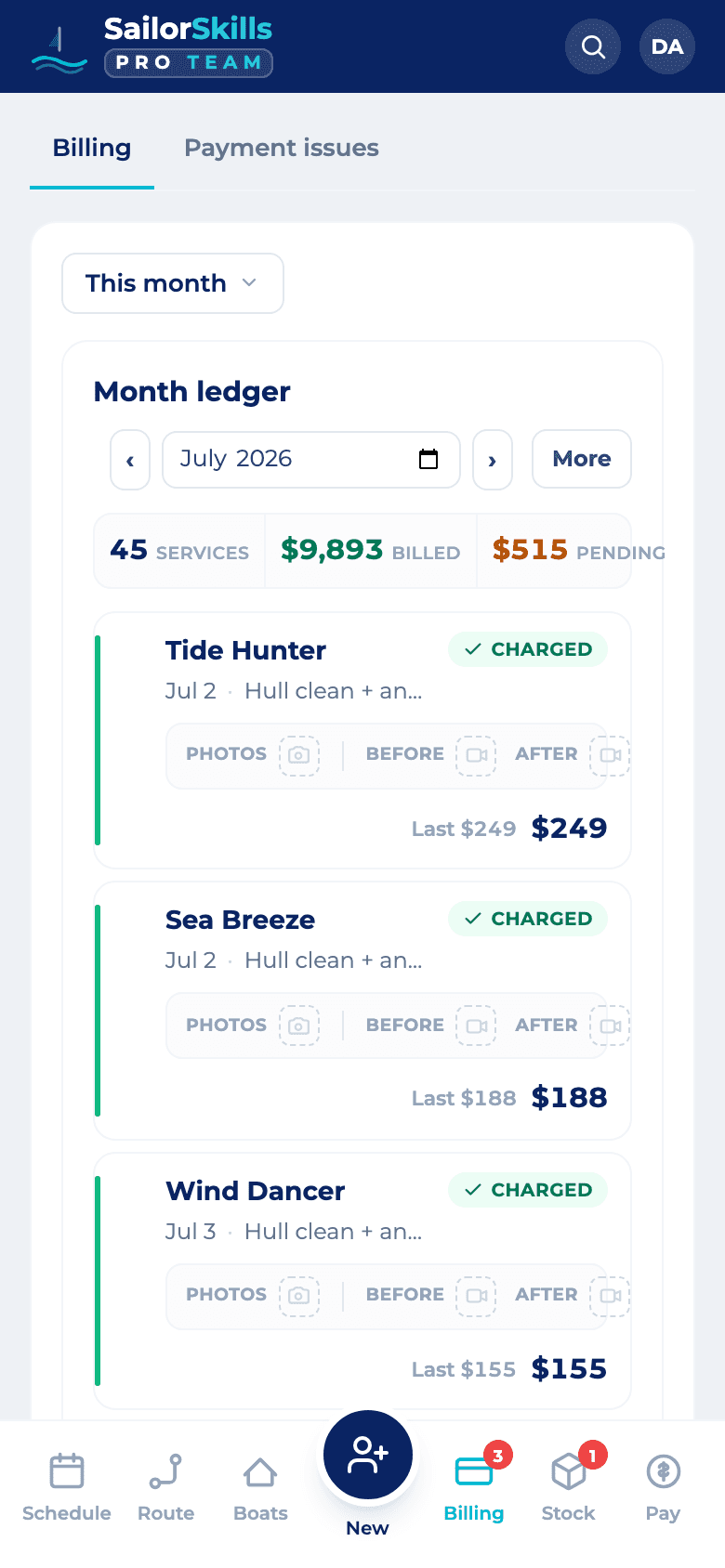 The billing ledger with amounts ready to charge