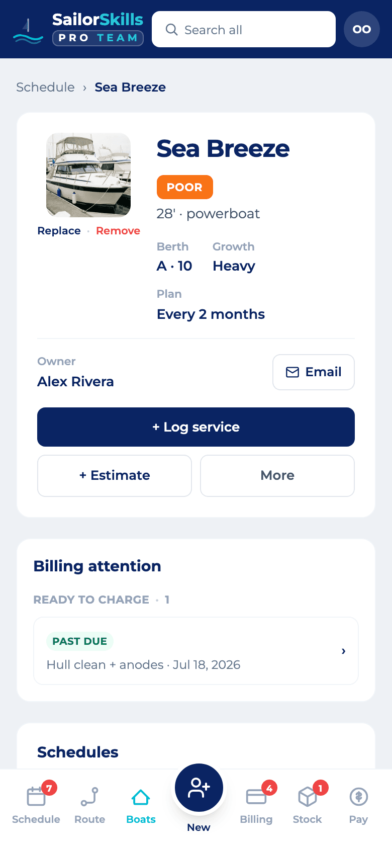 A boat detail page with its service history