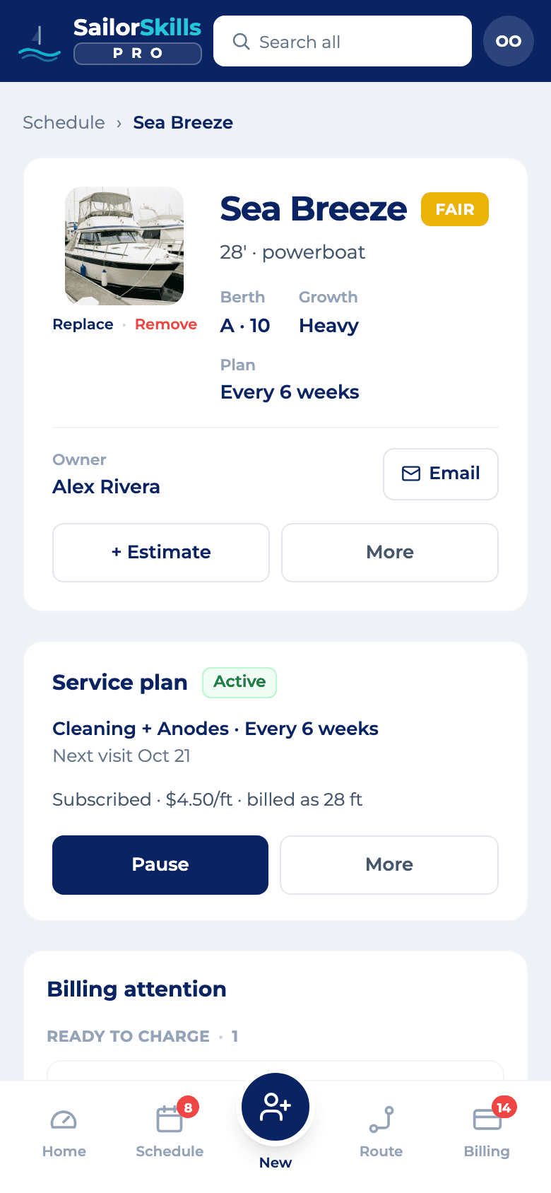 A boat detail page with its service history