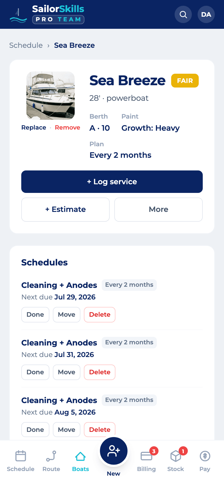 A boat detail page with its service history