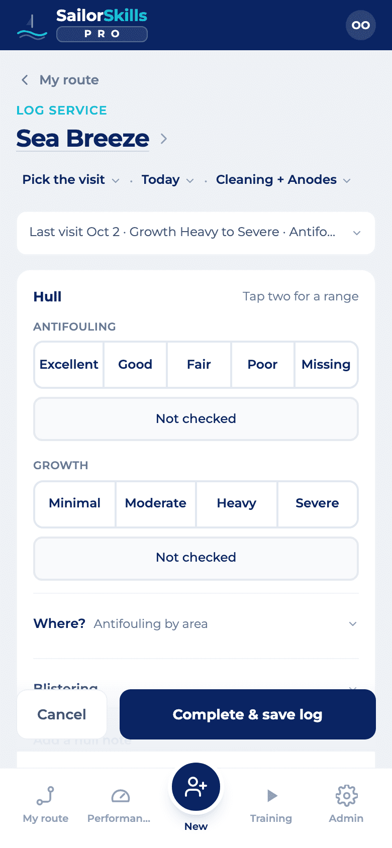 The field service logging screen