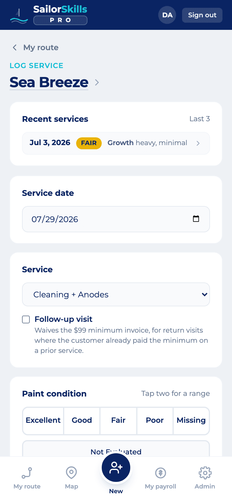 The field service logging screen