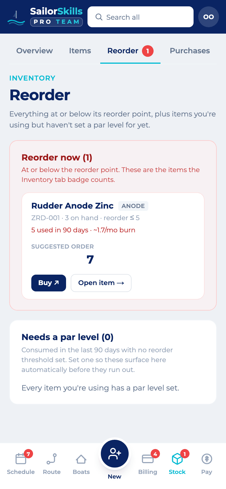 The inventory screen showing items below target with suggested replenishment quantities