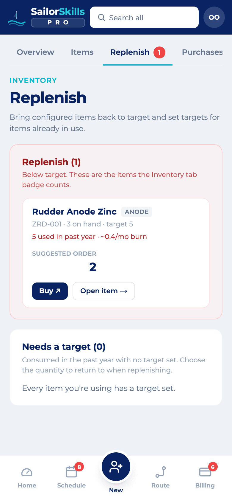 The inventory screen showing items below target with suggested replenishment quantities