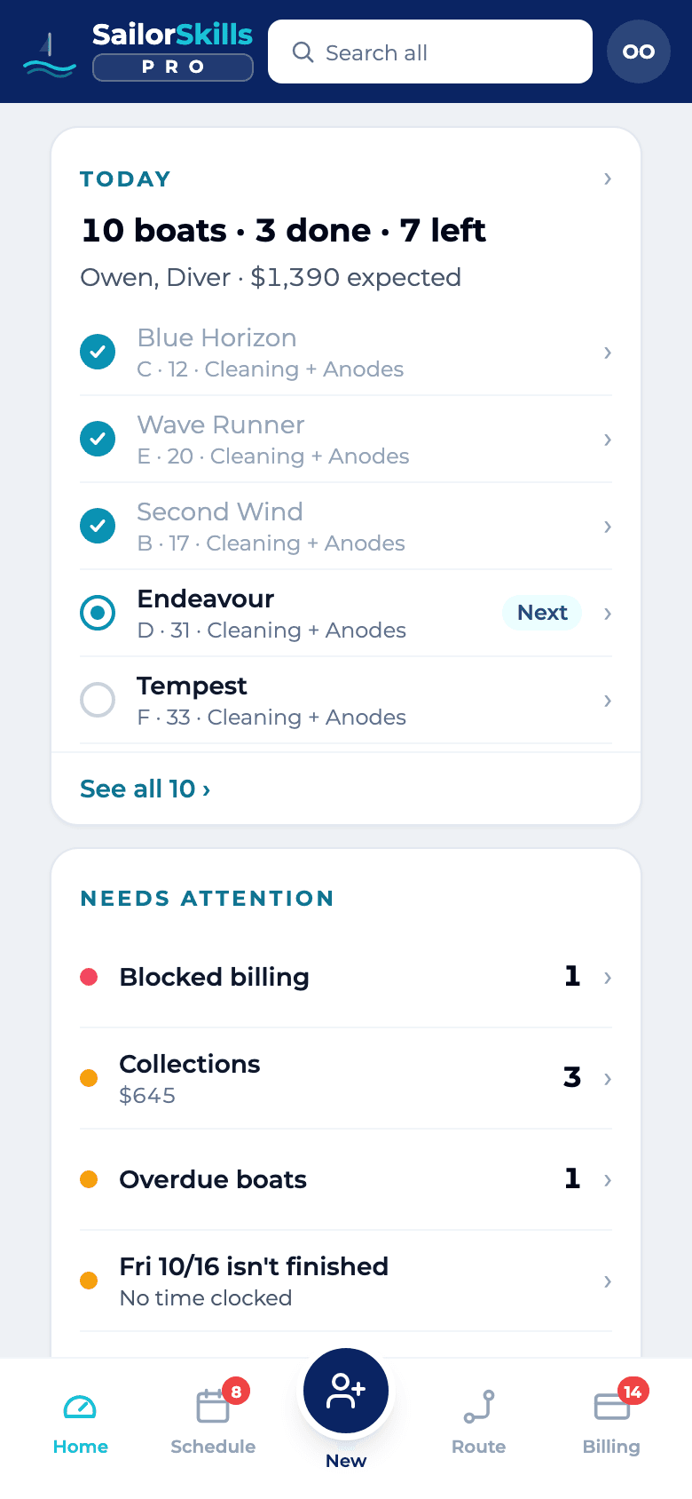 The home screen with today's boats, the expected revenue, and the items that need attention