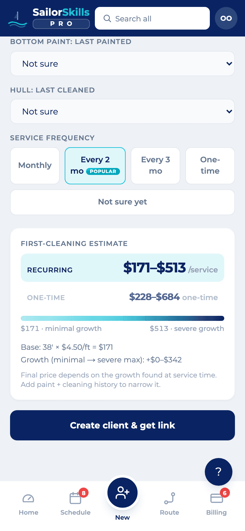 The new client form with service frequency choices and a first cleaning estimate from the rate card