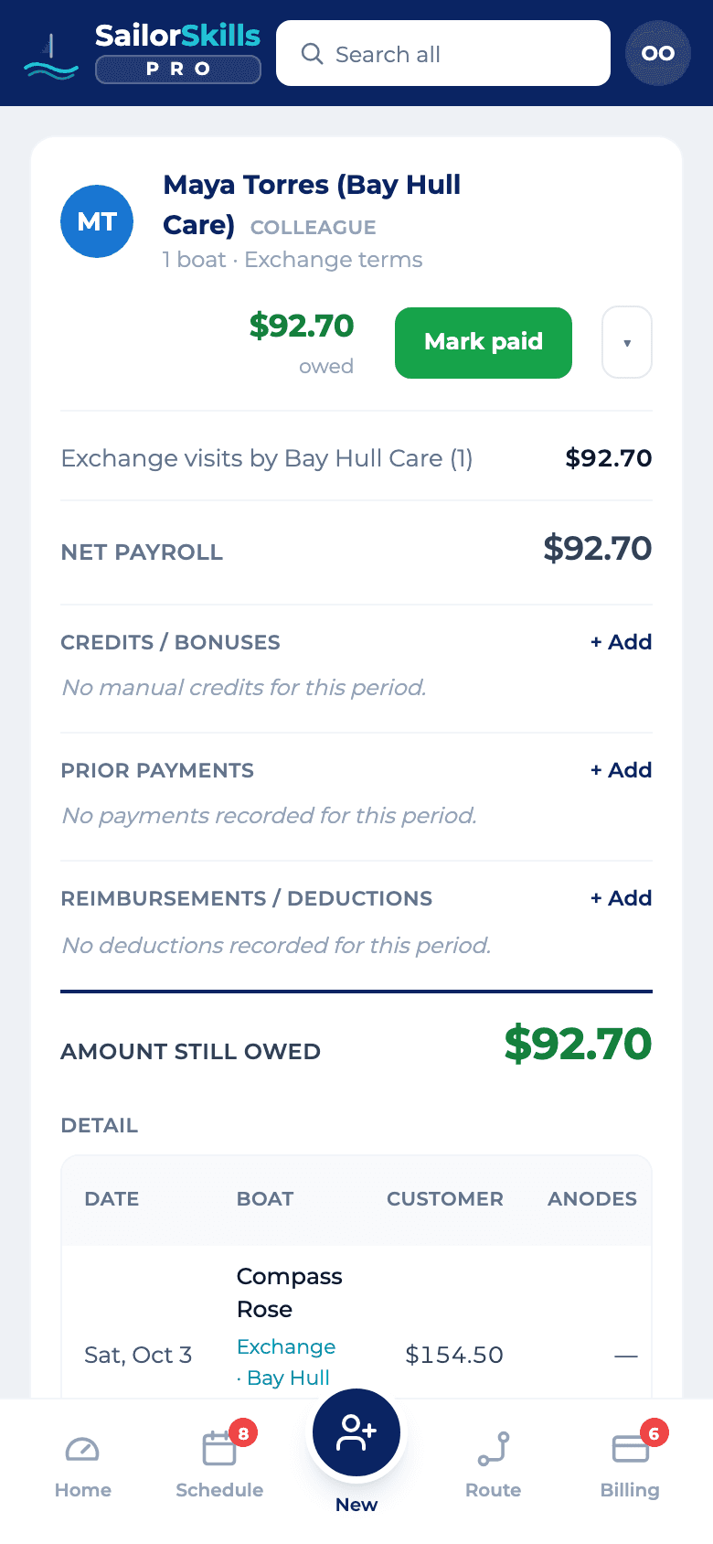 The payroll summary showing customer revenue, diver labor, owner take-home, and crew payables